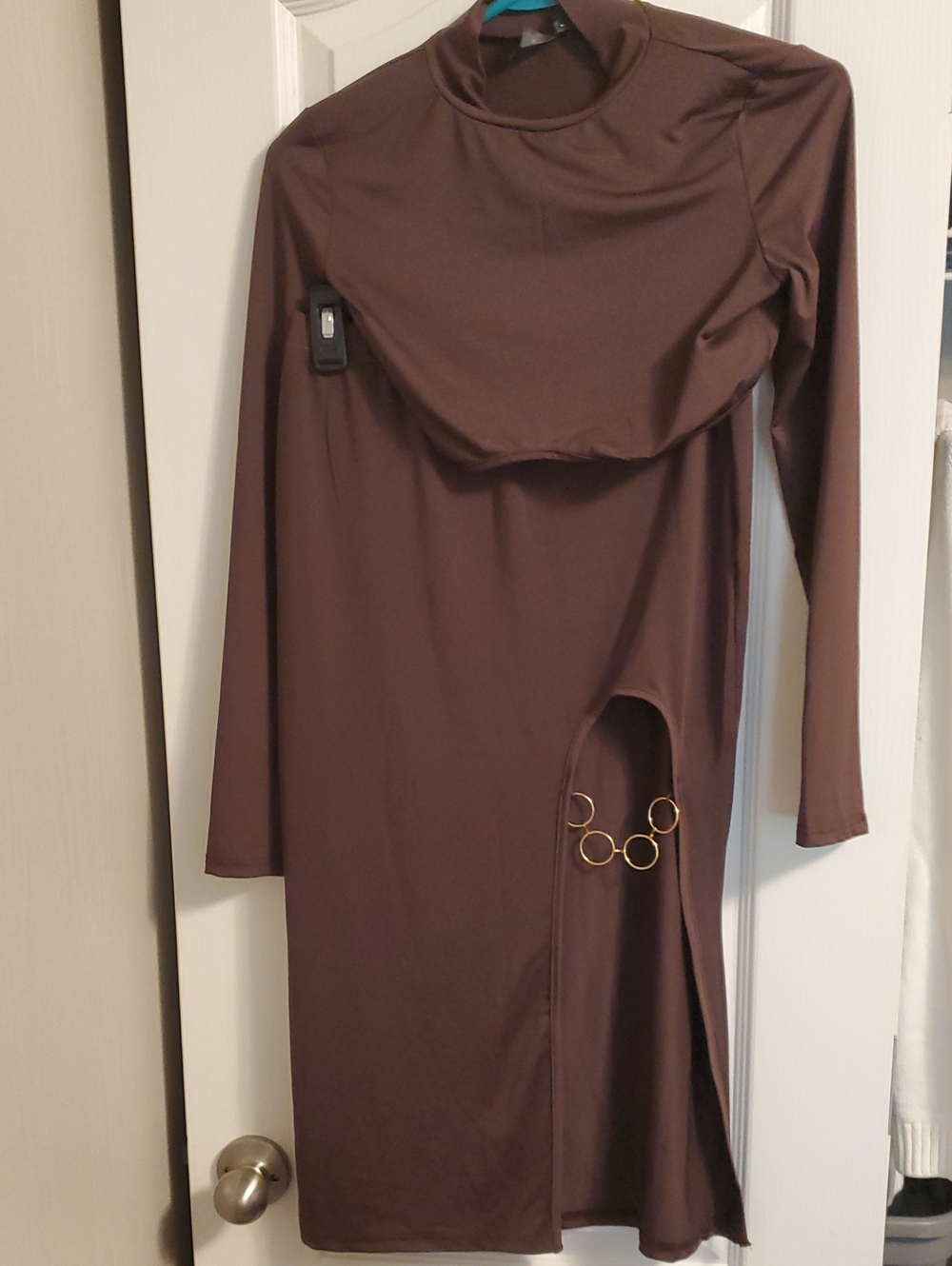 Long Sleeve Brown Crop Top And Skirt  with Side Cutout and Gold Ring Detail